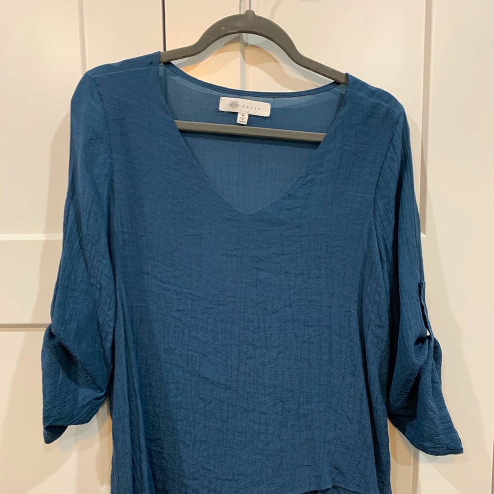 Steel Blue Blouse with Roll-Tab Sleeves